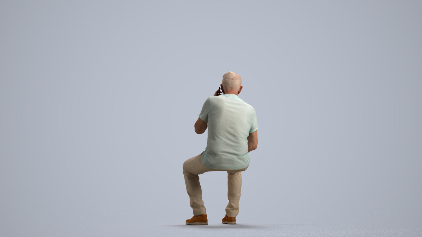 3D scanned senior man sitting casual, photorealistic archviz people for Enscape and SketchUp, front view render