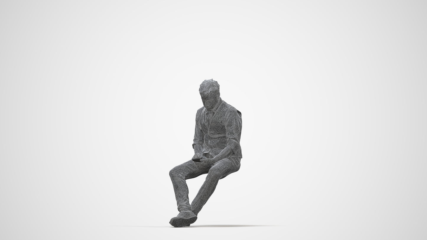 scanned 3D man casual sitting, photogrammetry people for Enscape and V-Ray, wireframe back view
