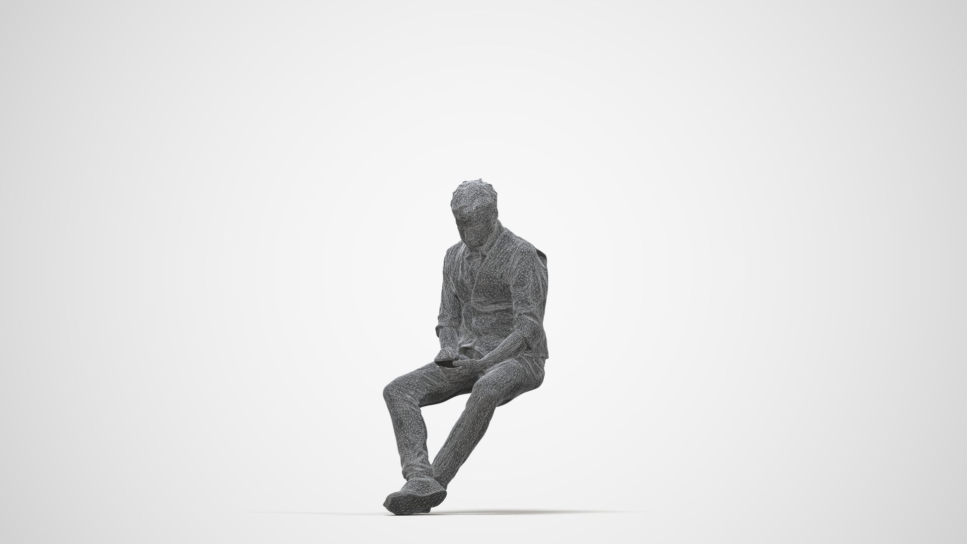 scanned 3D man casual sitting, photogrammetry people for Enscape and V-Ray, wireframe back view