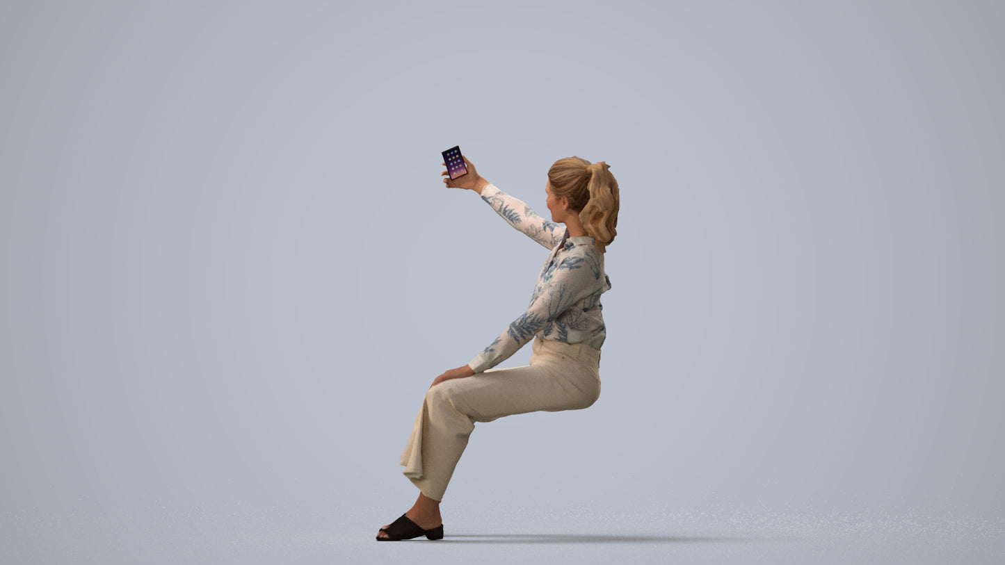 3D people model woman casual sitting, scanned human for 3ds Max rendering, three-quarter view render