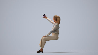 3D people model woman casual sitting, scanned human for 3ds Max rendering, three-quarter view render