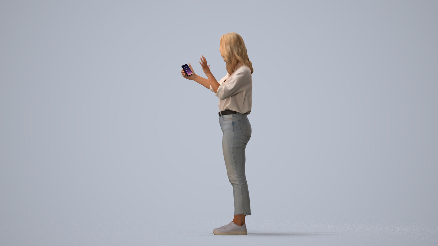 3D scanned woman standing casual, photorealistic archviz people for Enscape and SketchUp, three-quarter view render