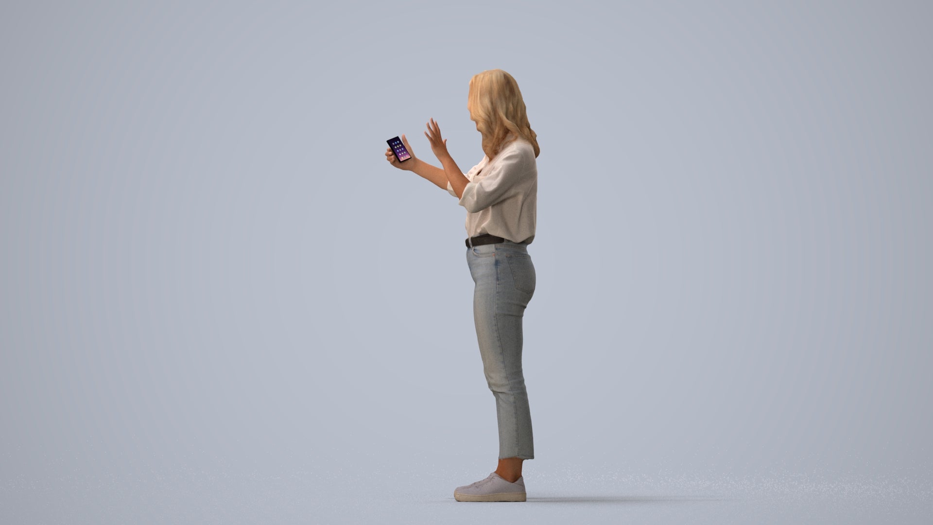 3D scanned woman standing casual, photorealistic archviz people for Enscape and SketchUp, three-quarter view render