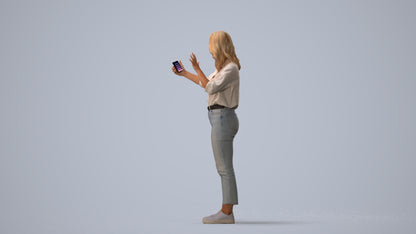 3D scanned woman standing casual, photorealistic archviz people for Enscape and SketchUp, three-quarter view render