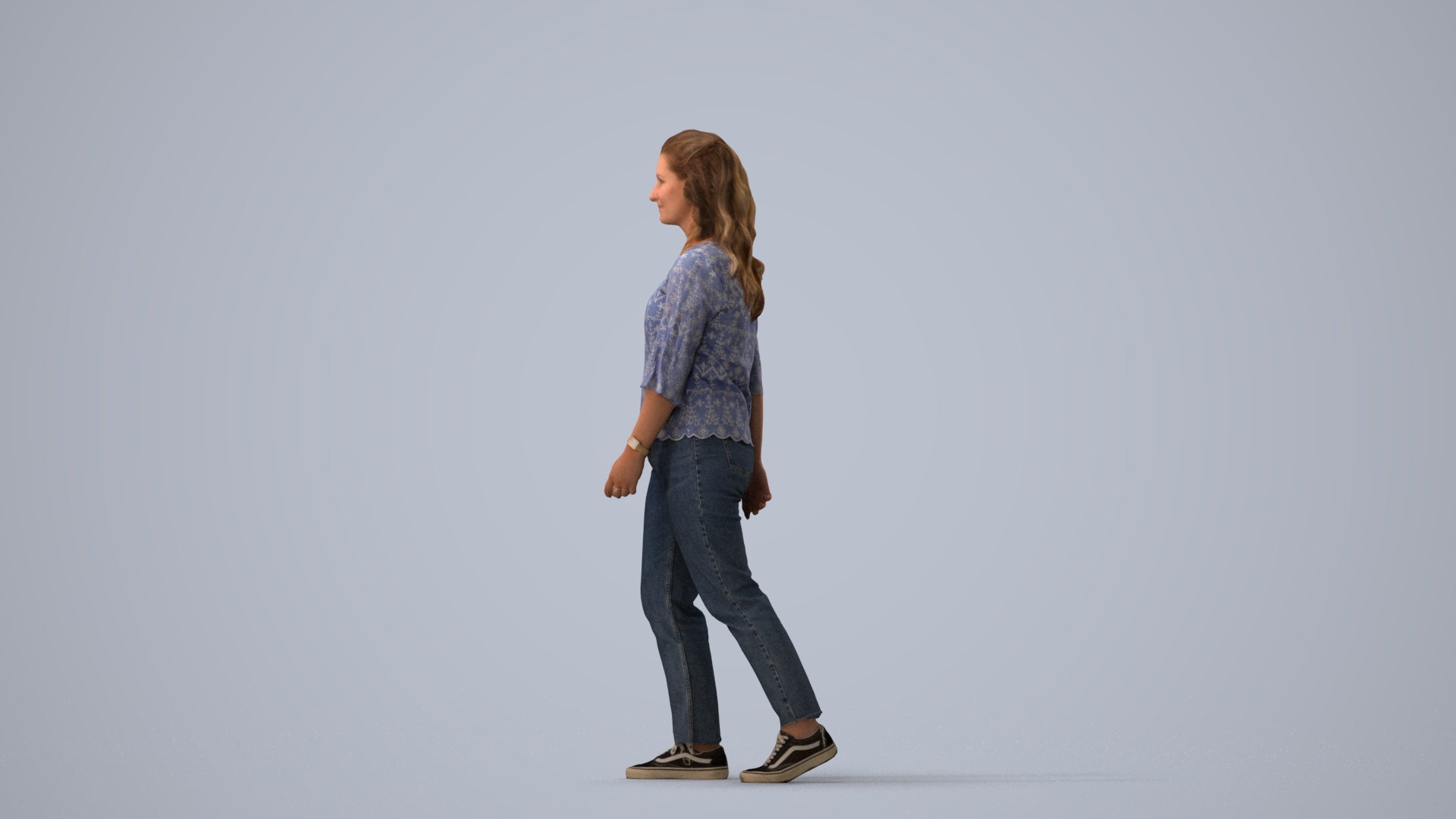 3D scanned woman walking casual, photorealistic archviz people for Enscape and SketchUp, three-quarter view render