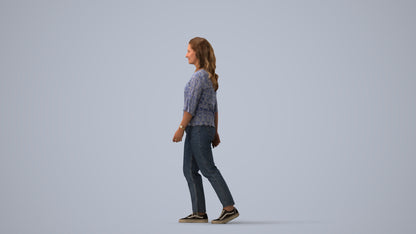 3D scanned woman walking casual, photorealistic archviz people for Enscape and SketchUp, three-quarter view render