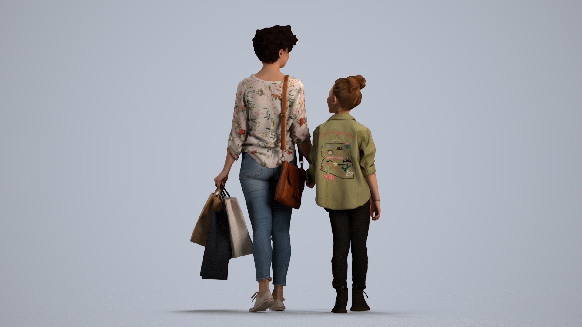 3D human model girl casual kids, photogrammetry scanned person for archviz, front view render