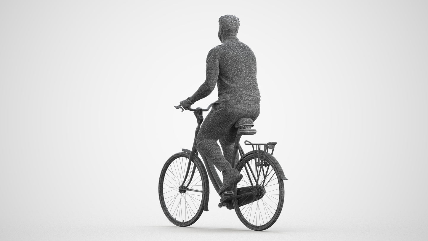 scanned 3D man casual cycling, photogrammetry people for Enscape and V-Ray, wireframe front view