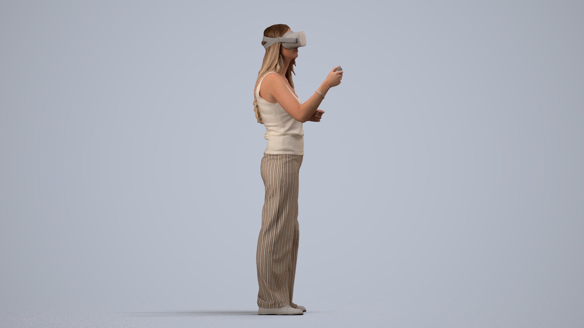 realistic 3D people woman casual standing, render-ready for V-Ray and Corona, FBX OBJ, side view render