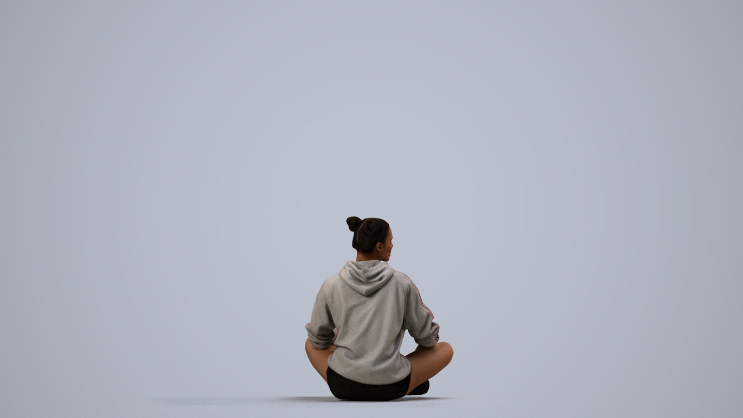 photogrammetry 3D woman casual sitting, realistic human model archviz FBX, side view render