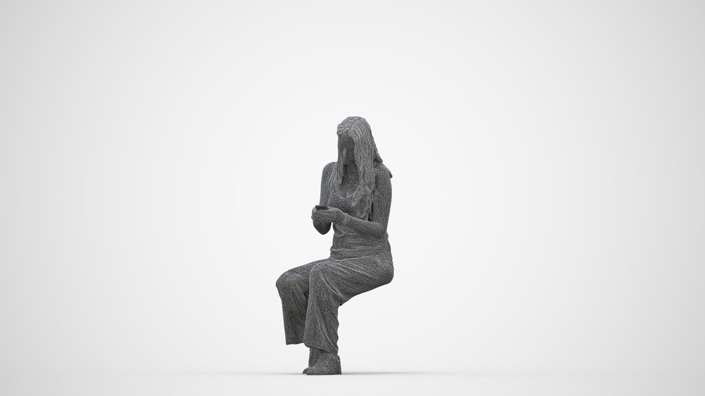 3D human model woman casual sitting, photogrammetry scanned person for archviz, wireframe back view