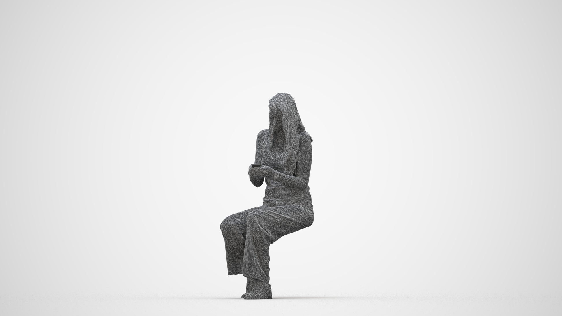 3D human model woman casual sitting, photogrammetry scanned person for archviz, wireframe back view