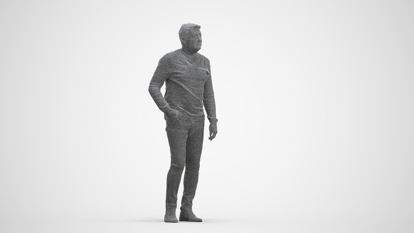 3D human model man casual standing, photogrammetry scanned person for archviz, three-quarter front view render
