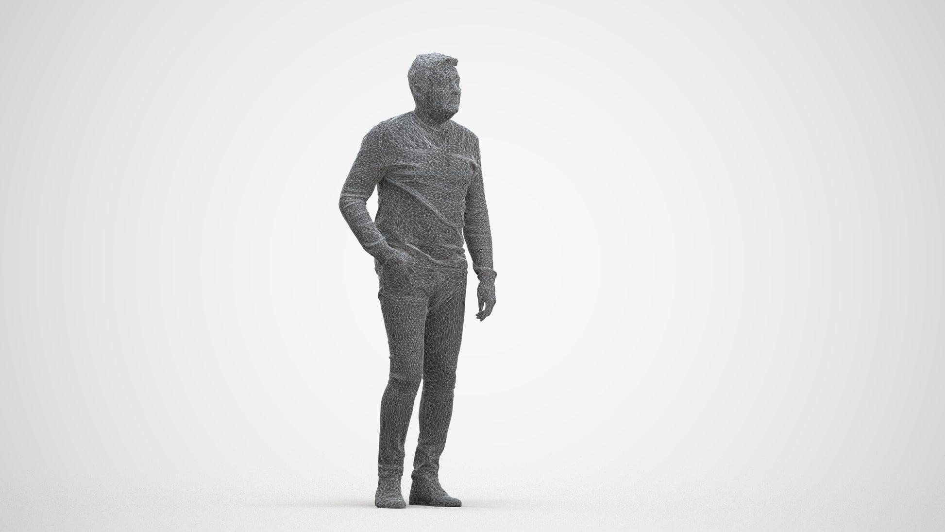 3D human model man casual standing, photogrammetry scanned person for archviz, three-quarter front view render