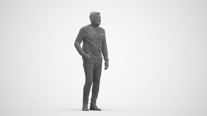 3D human model man casual standing, photogrammetry scanned person for archviz, three-quarter front view render
