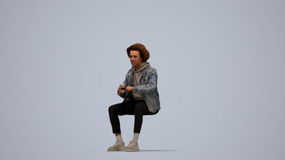 photogrammetry 3D man casual sitting, realistic human model archviz FBX, top-down view render