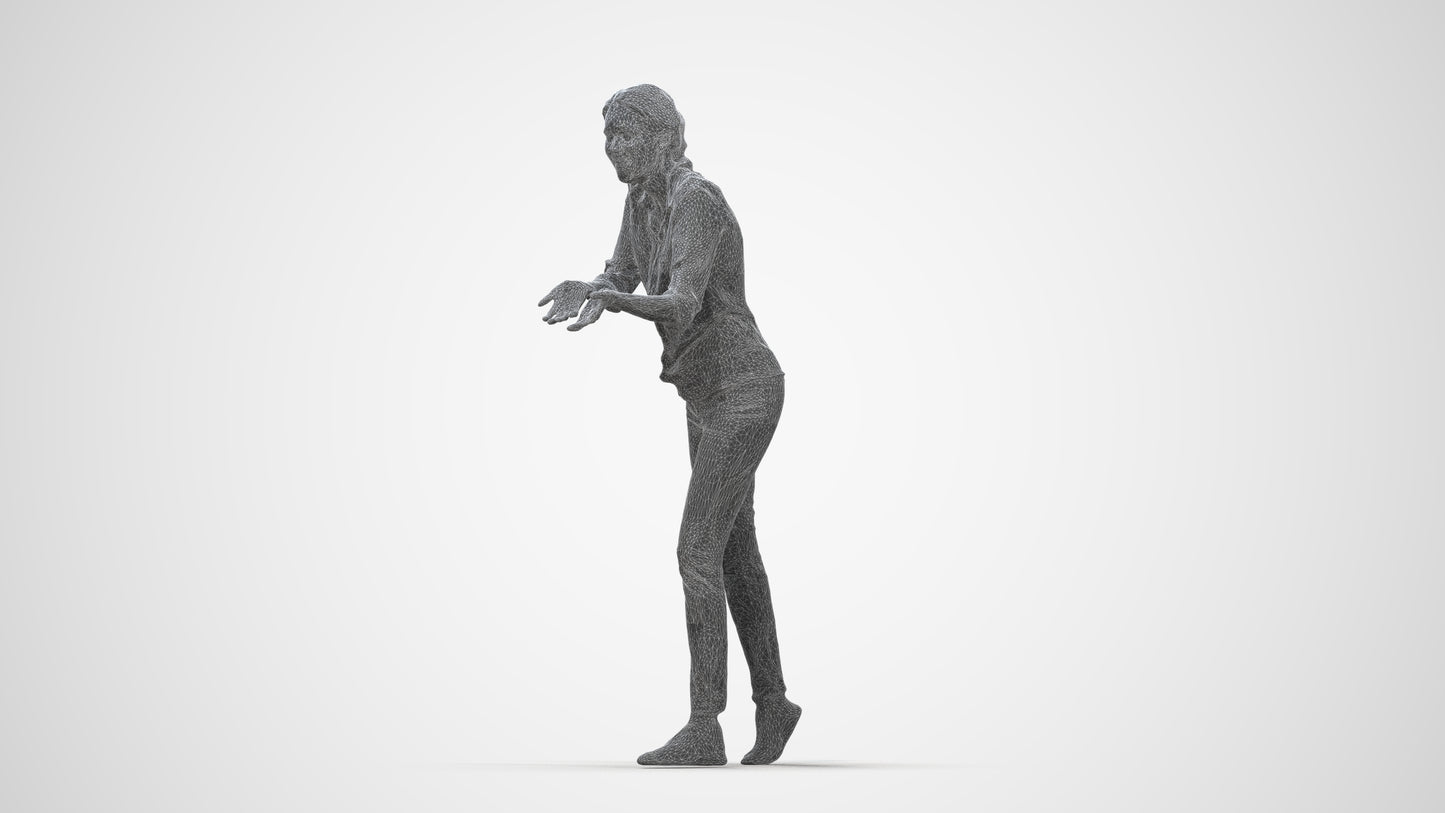 3D human model woman casual standing, photogrammetry scanned person for archviz, wireframe back view