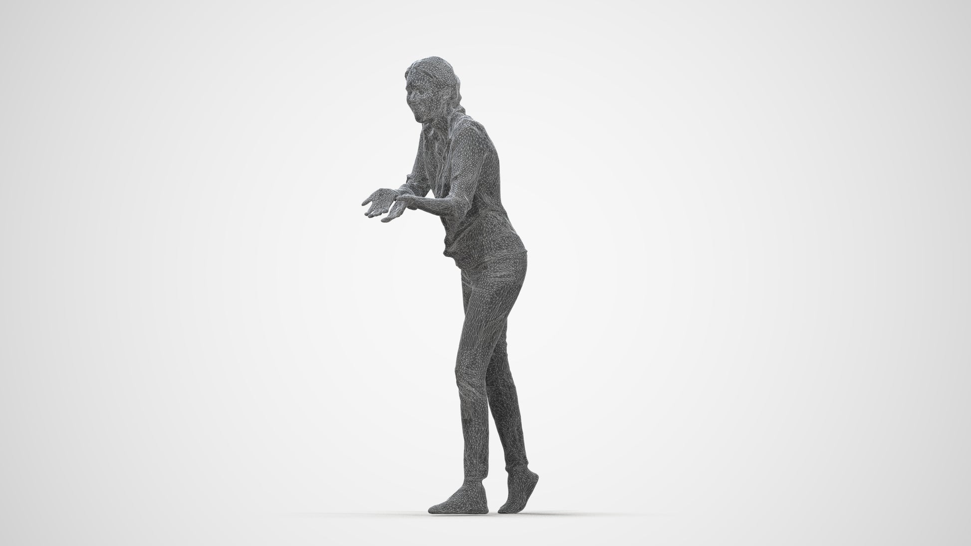 3D human model woman casual standing, photogrammetry scanned person for archviz, wireframe back view