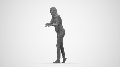 3D human model woman casual standing, photogrammetry scanned person for archviz, wireframe back view