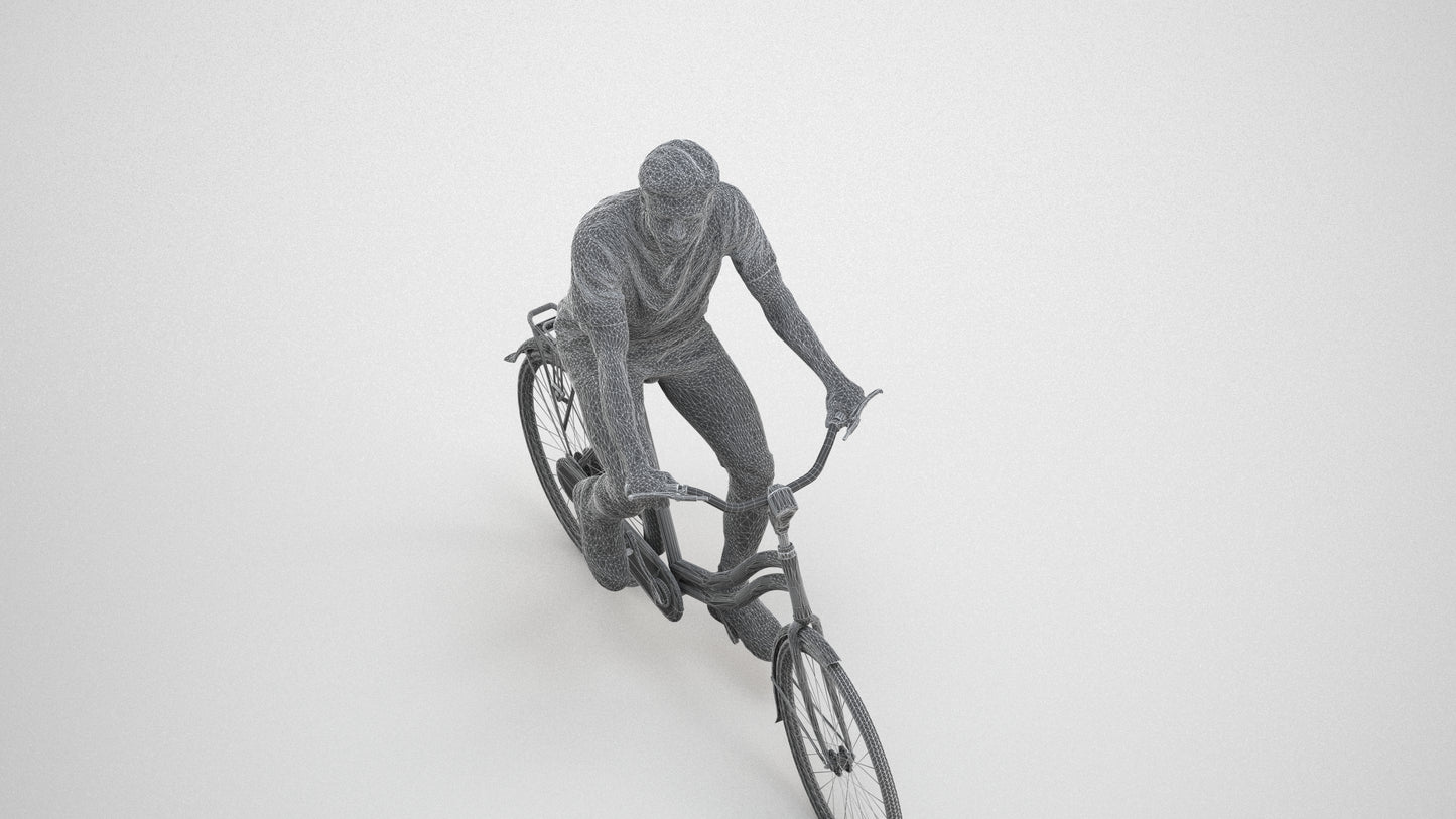 realistic 3D people man casual cycling, render-ready for V-Ray and Corona, FBX OBJ, wireframe three-quarter view
