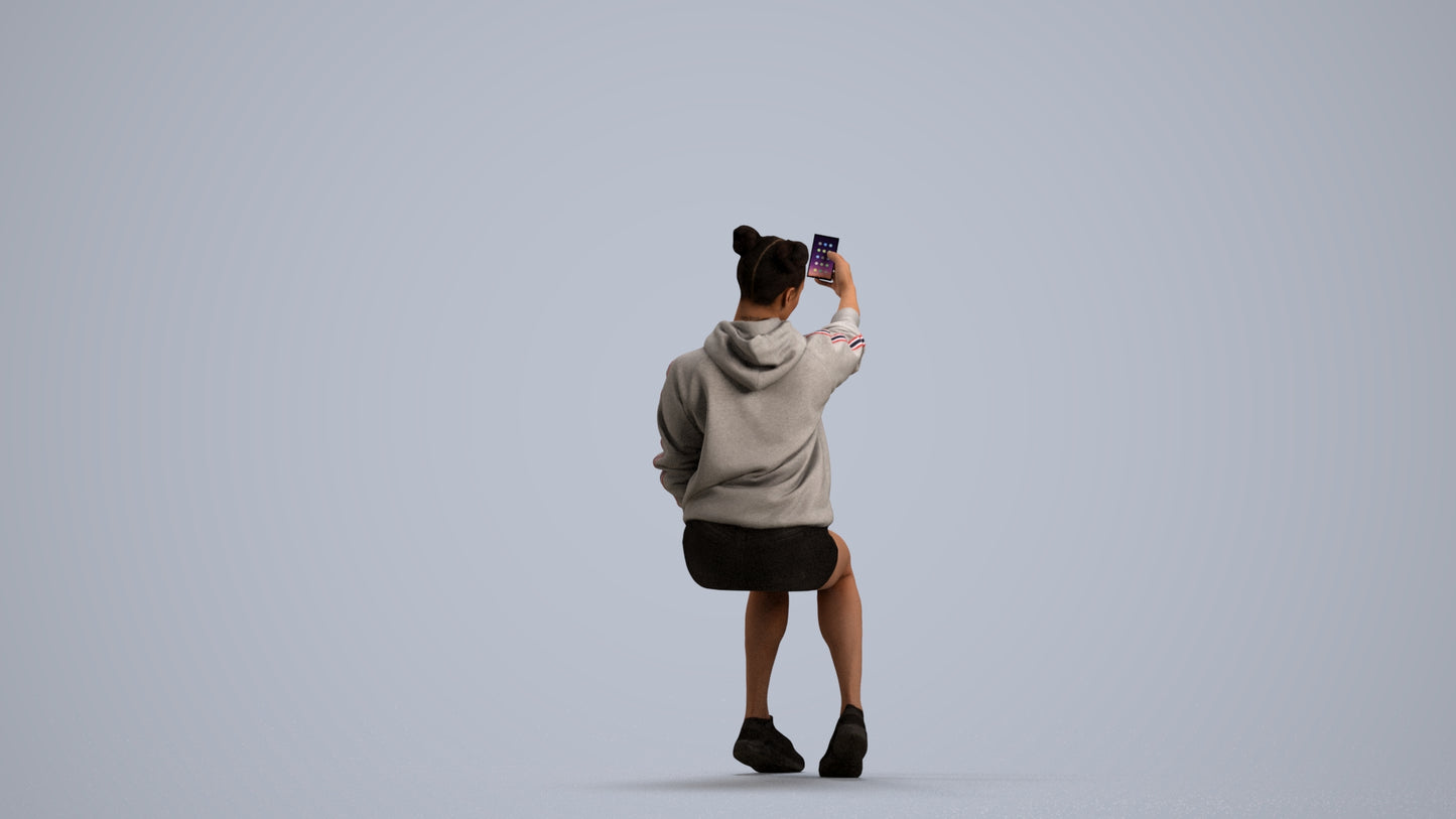 scanned 3D woman casual sitting, photogrammetry people for Enscape and V-Ray, front view render