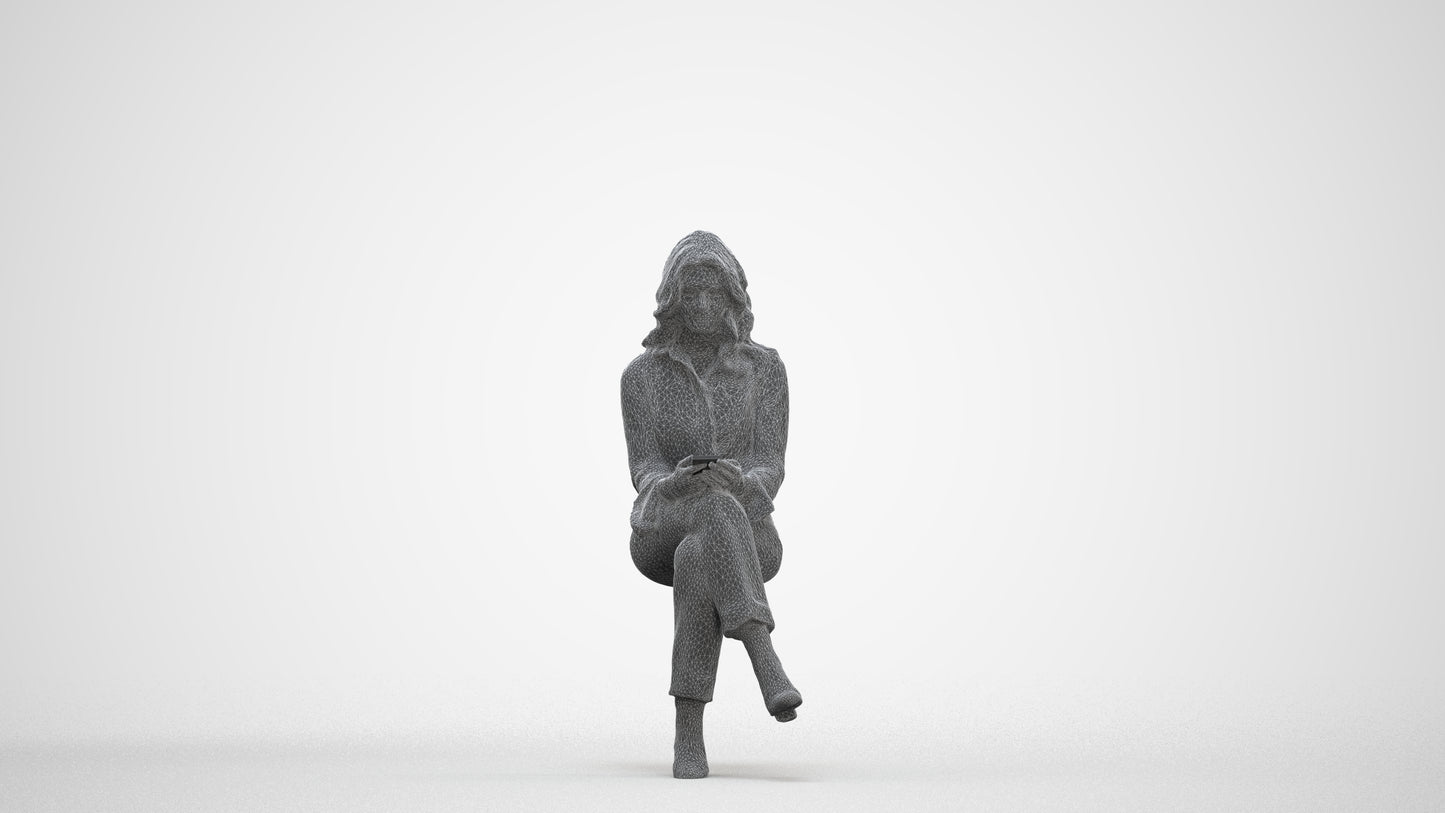3D human model woman business sitting, photogrammetry scanned person for archviz, three-quarter front view render