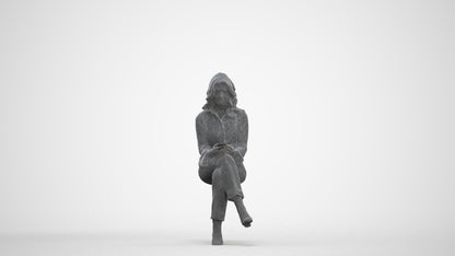 3D human model woman business sitting, photogrammetry scanned person for archviz, three-quarter front view render