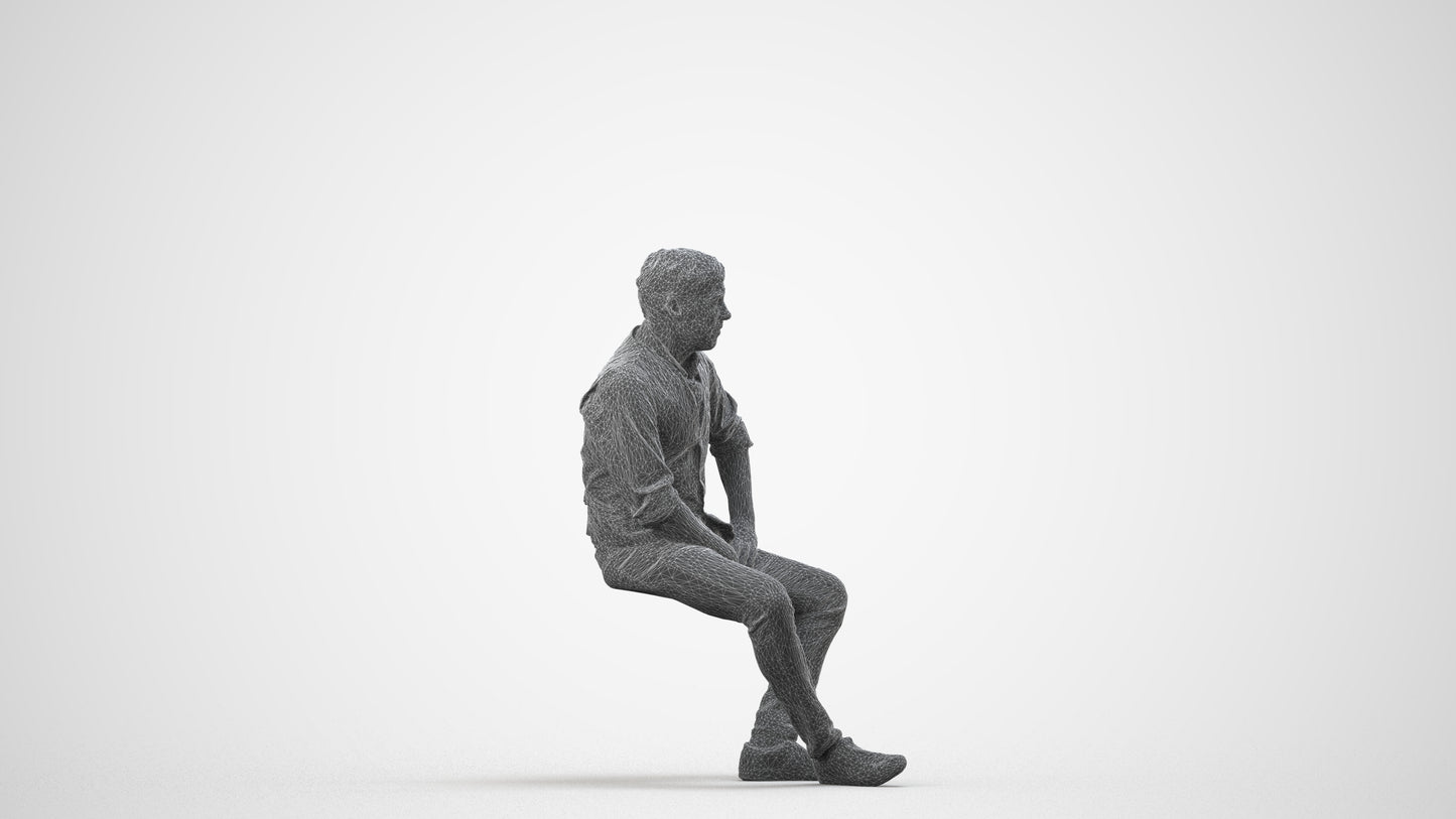 scanned 3D man casual sitting, photogrammetry people for Enscape and V-Ray, wireframe side view