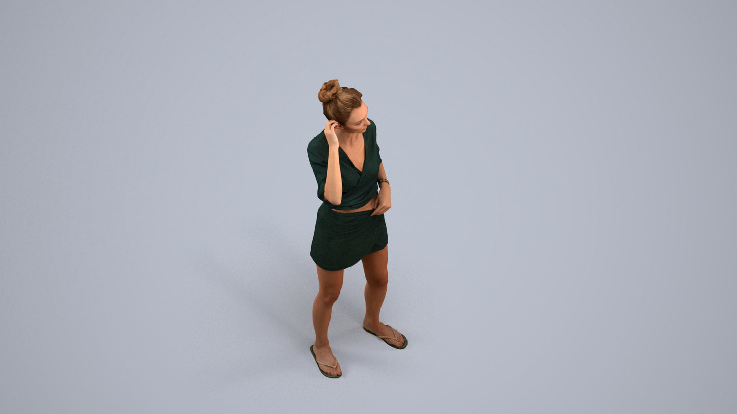3D human model woman casual standing, photogrammetry scanned person for archviz, back view render