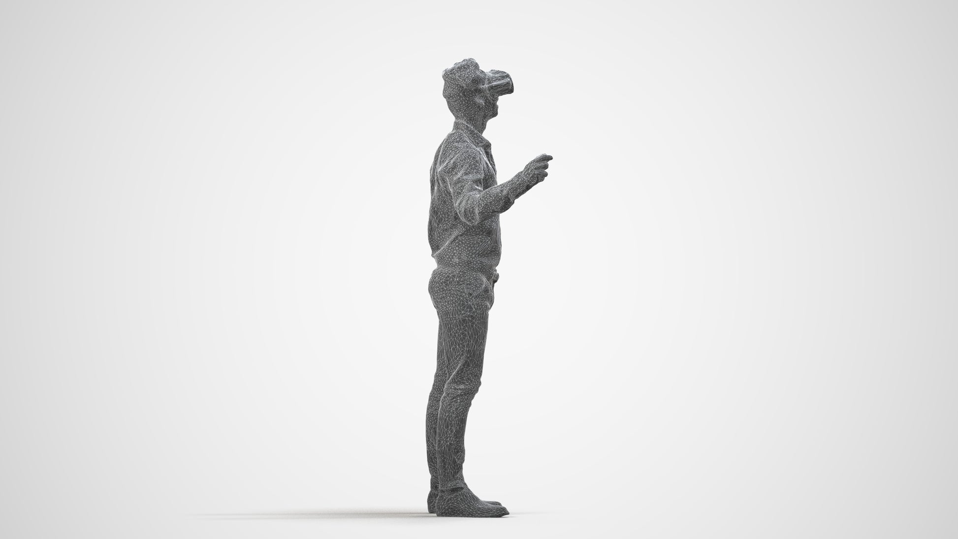 photogrammetry 3D man business standing, realistic human model archviz FBX, wireframe side view