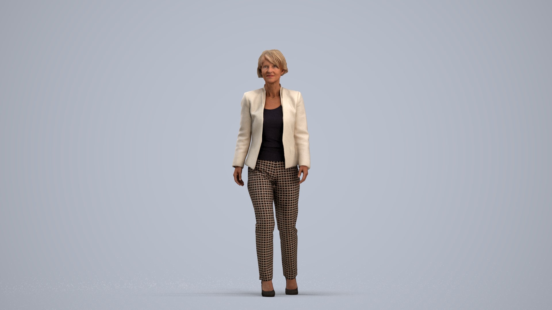 3D people model senior woman business walking, scanned human for 3ds Max rendering, standing pose render