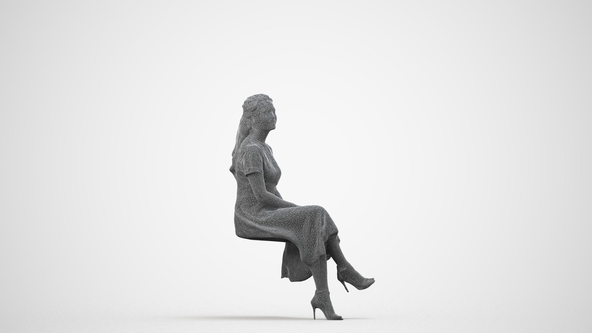 realistic 3D woman casual sitting, scanned archviz people for Blender and 3ds Max, wireframe side view