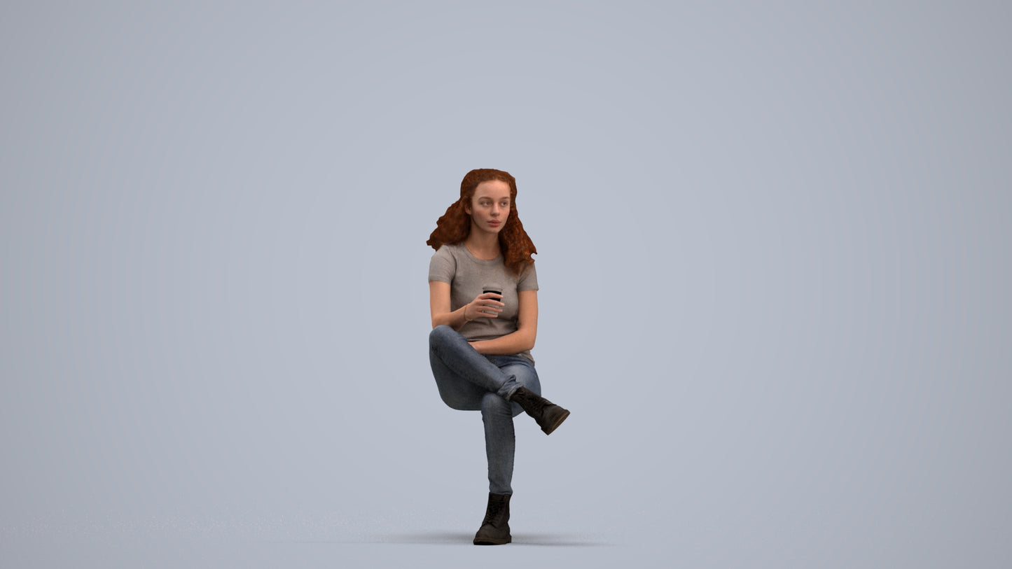 realistic 3D human woman casual sitting, archviz people FBX OBJ for Blender, standing pose render