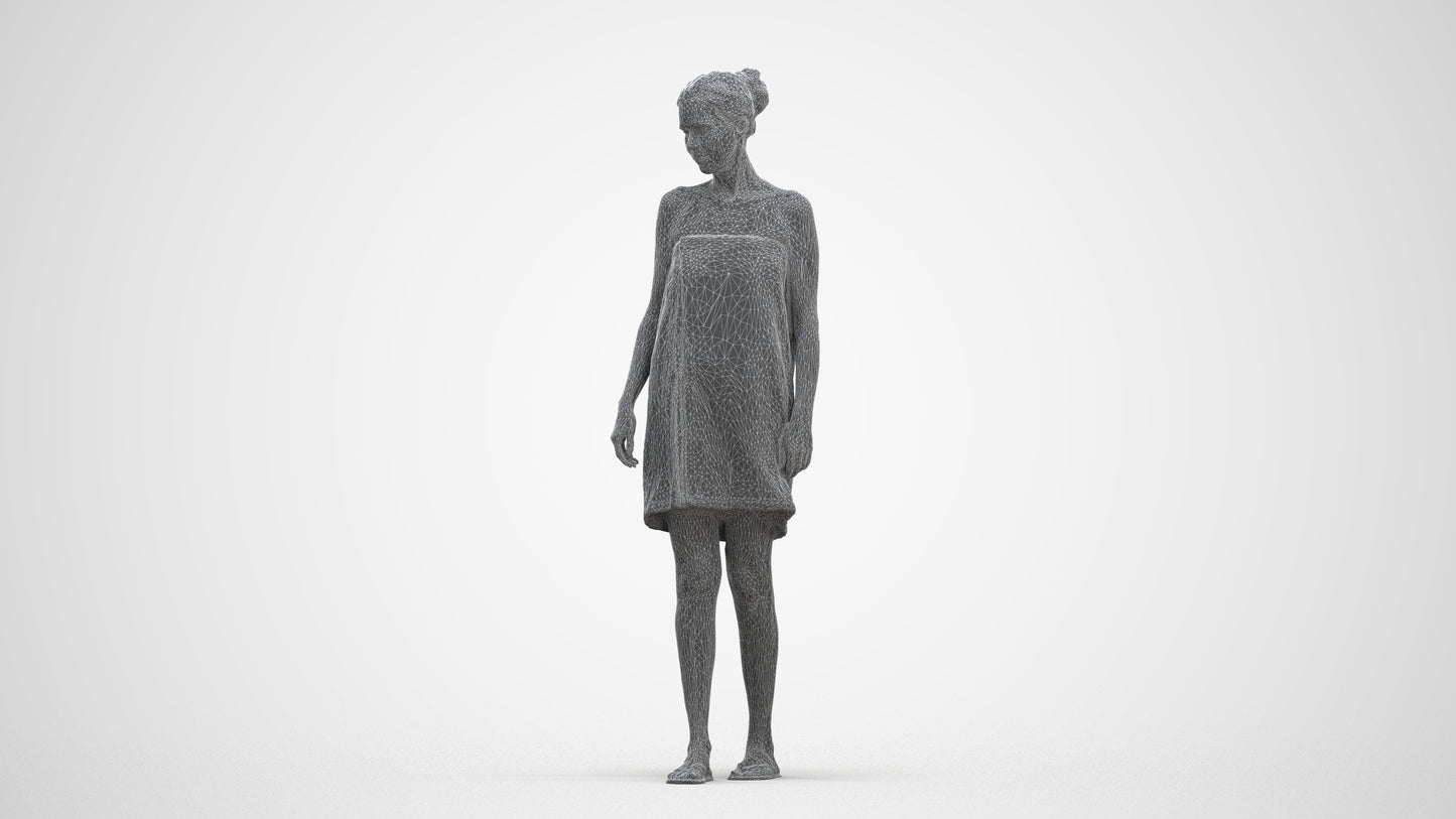 scanned 3D woman casual bathroom, photogrammetry people for Enscape and V-Ray, three-quarter front view render
