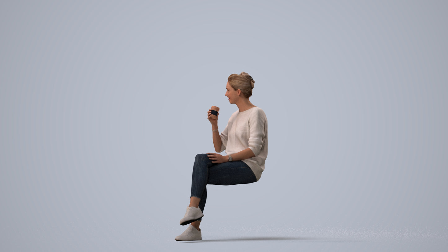 scanned 3D woman casual sitting, photogrammetry people for Enscape and V-Ray, three-quarter view render