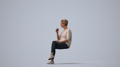 scanned 3D woman casual sitting, photogrammetry people for Enscape and V-Ray, three-quarter view render