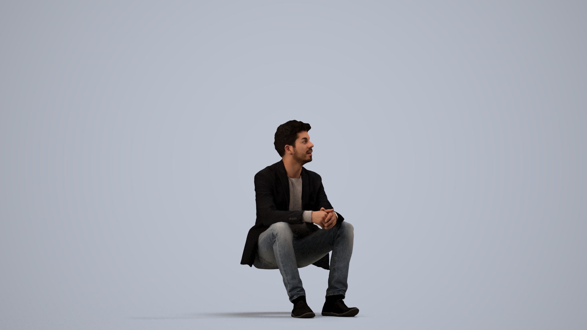 realistic 3D man casual sitting, scanned archviz people for Blender and 3ds Max, side view render