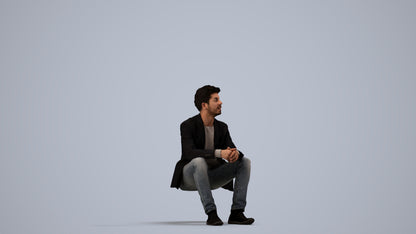 realistic 3D man casual sitting, scanned archviz people for Blender and 3ds Max, side view render