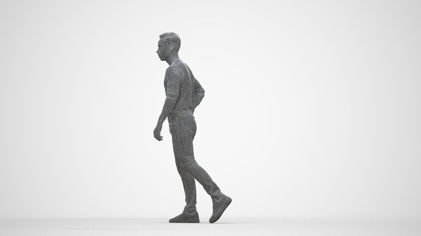 3D human model man casual walking, photogrammetry scanned person for archviz, wireframe back view