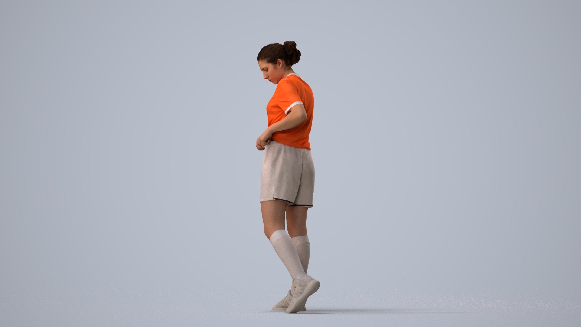 3D human model woman sport, photogrammetry scanned person for archviz, three-quarter view render