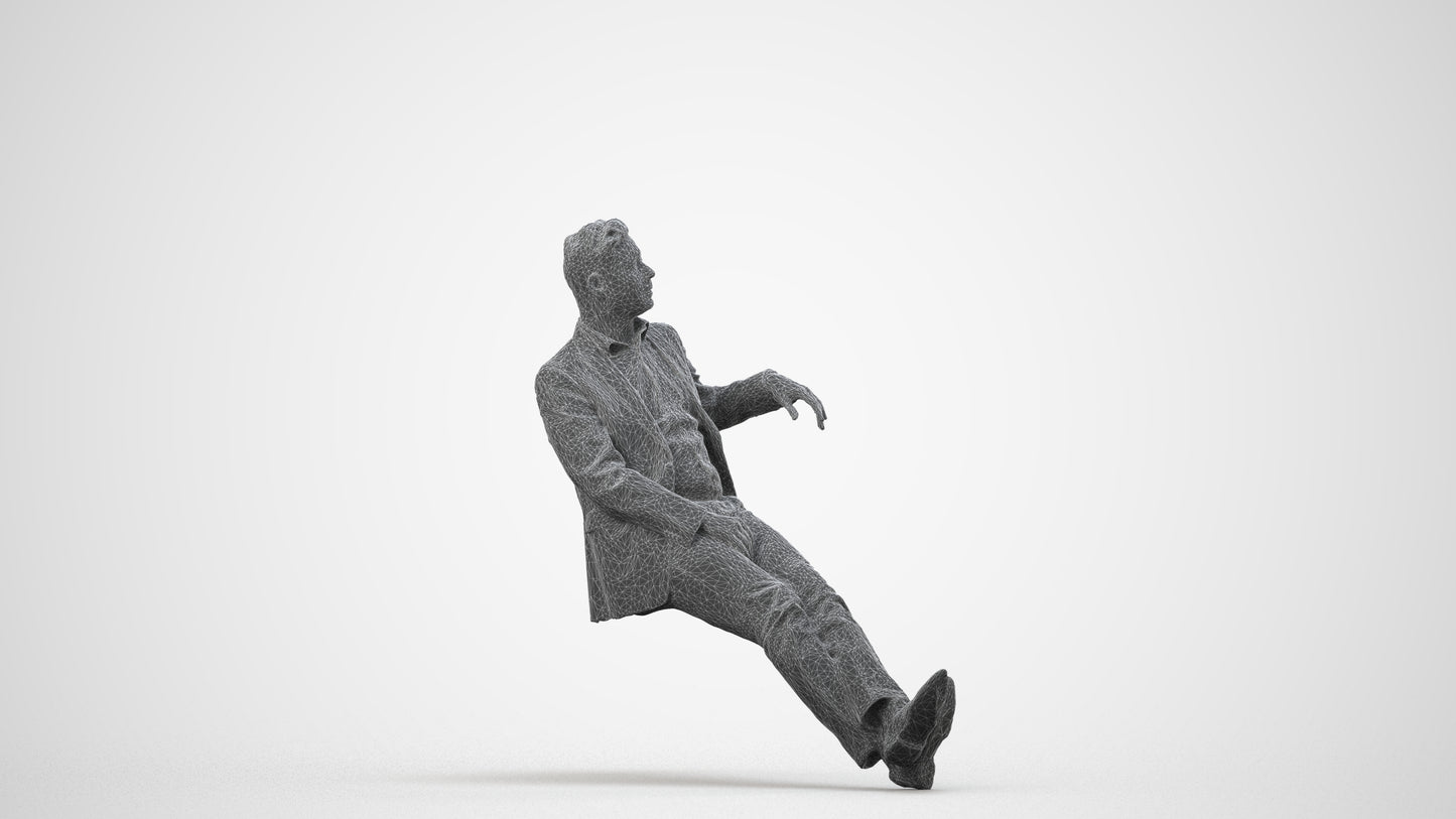 3D human model man business, photogrammetry scanned person for archviz, wireframe side view