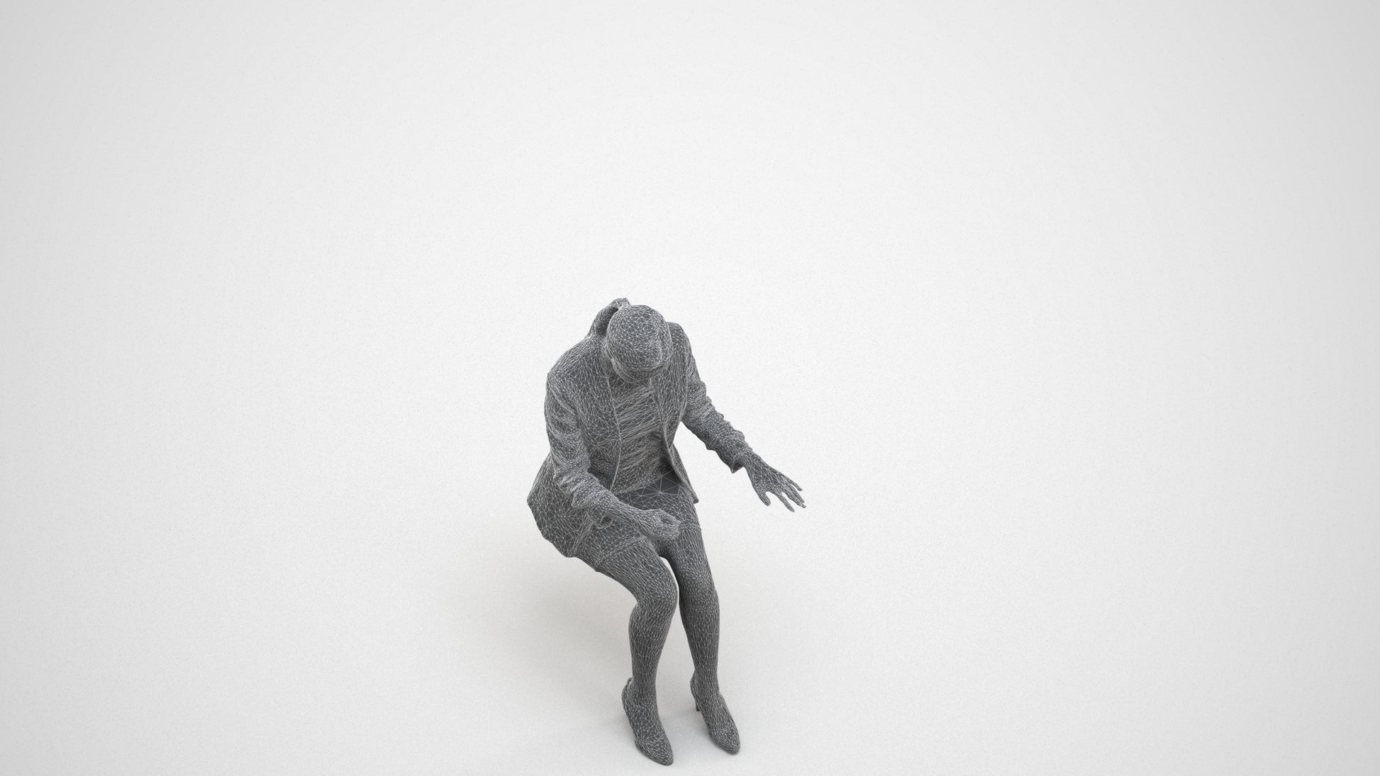 3D human model woman business, photogrammetry scanned person for archviz, wireframe three-quarter view