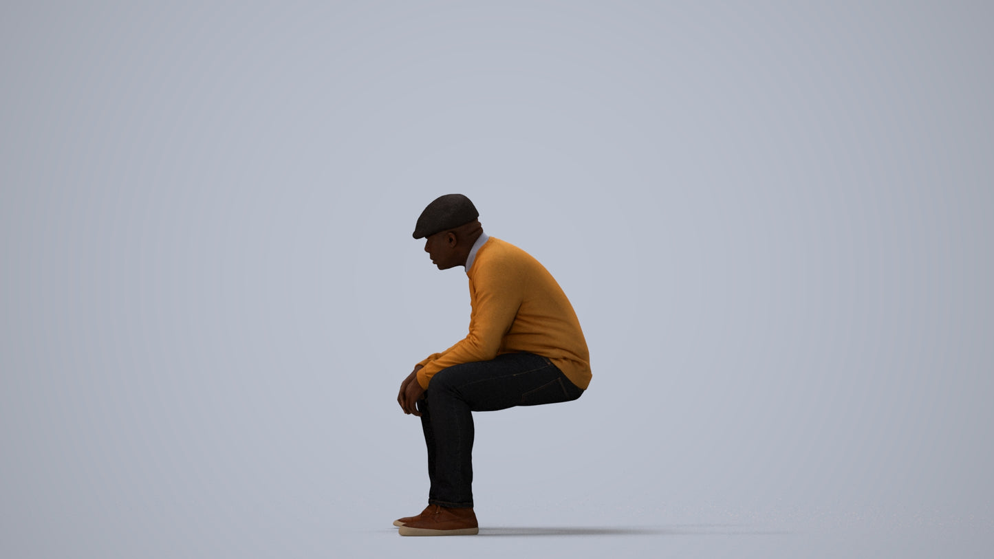 realistic 3D man casual sitting, scanned archviz people for Blender and 3ds Max, three-quarter view render