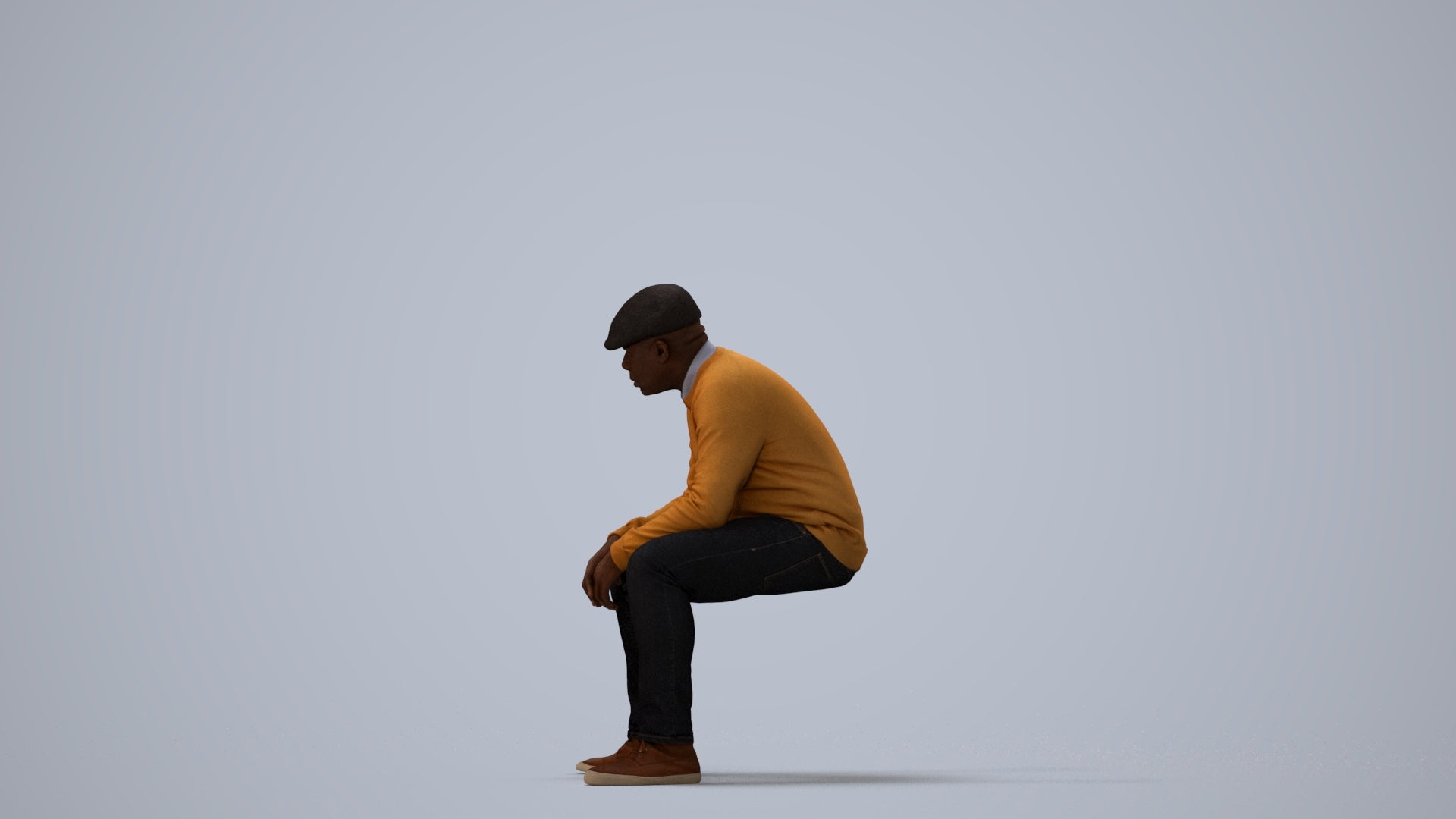 realistic 3D man casual sitting, scanned archviz people for Blender and 3ds Max, three-quarter view render