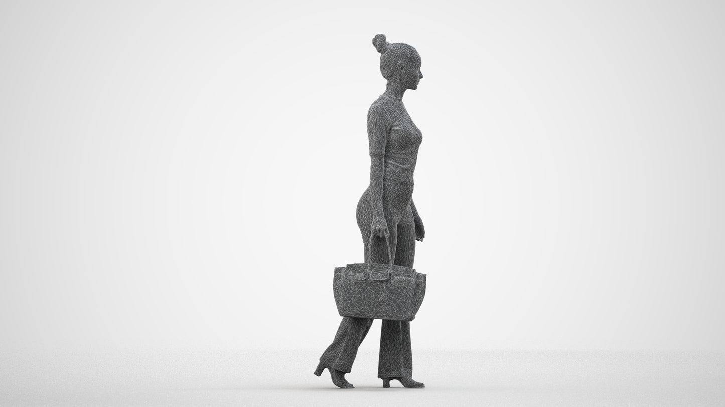 realistic 3D human woman casual walking, archviz people FBX OBJ for Blender, wireframe side view