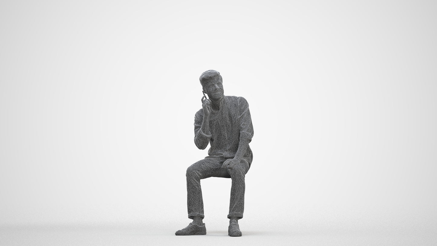 3D scanned man sitting casual, photorealistic archviz people for Enscape and SketchUp, three-quarter front view render
