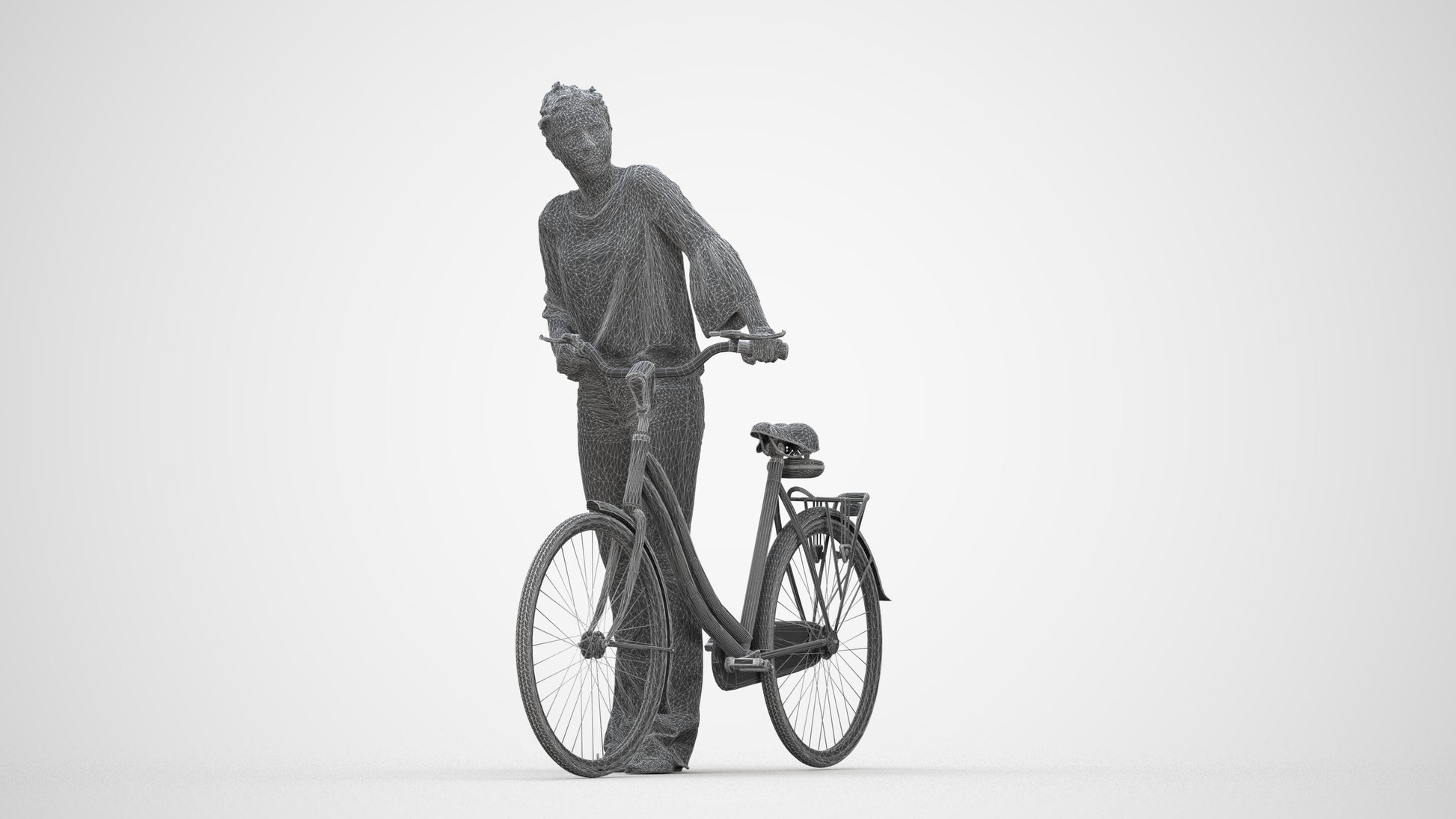 realistic 3D people woman casual cycling, render-ready for V-Ray and Corona, FBX OBJ, wireframe back view