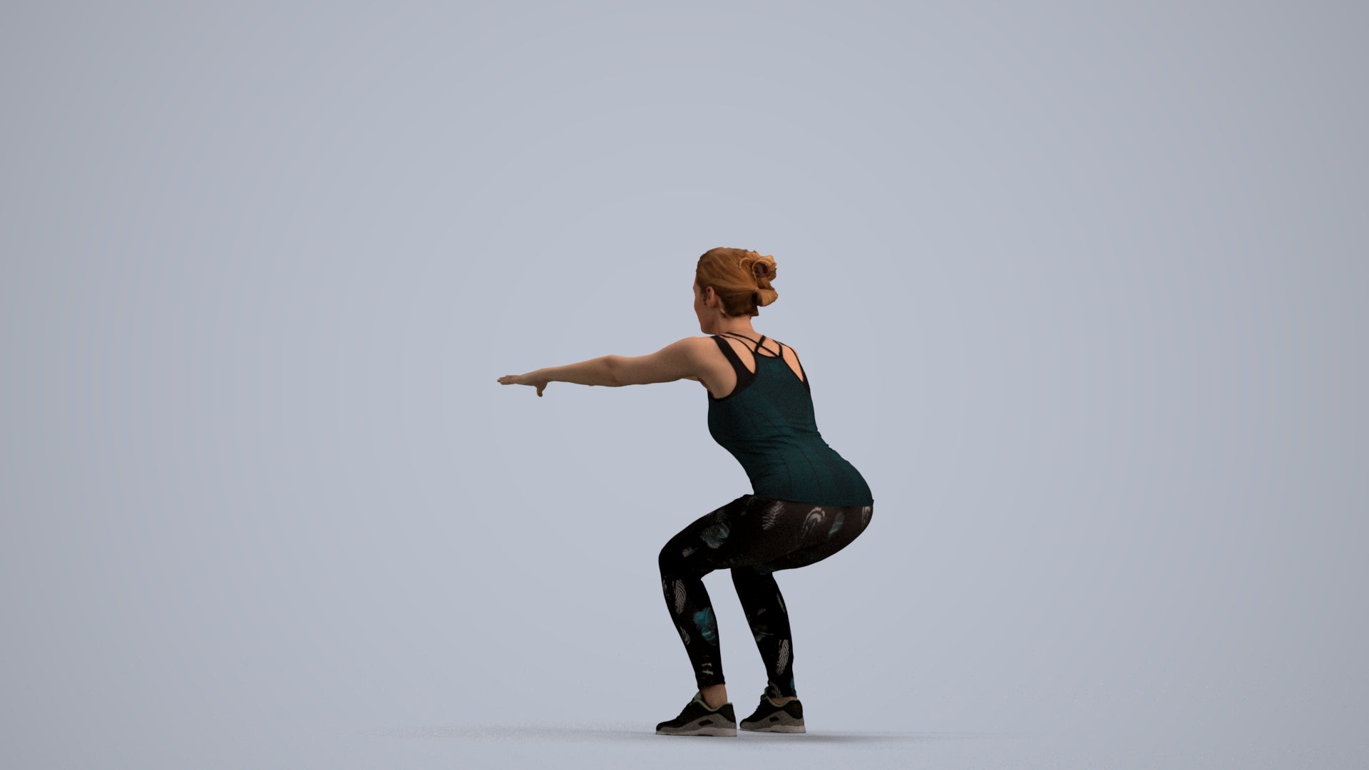 3D human model woman sport, photogrammetry scanned person for archviz, front view render