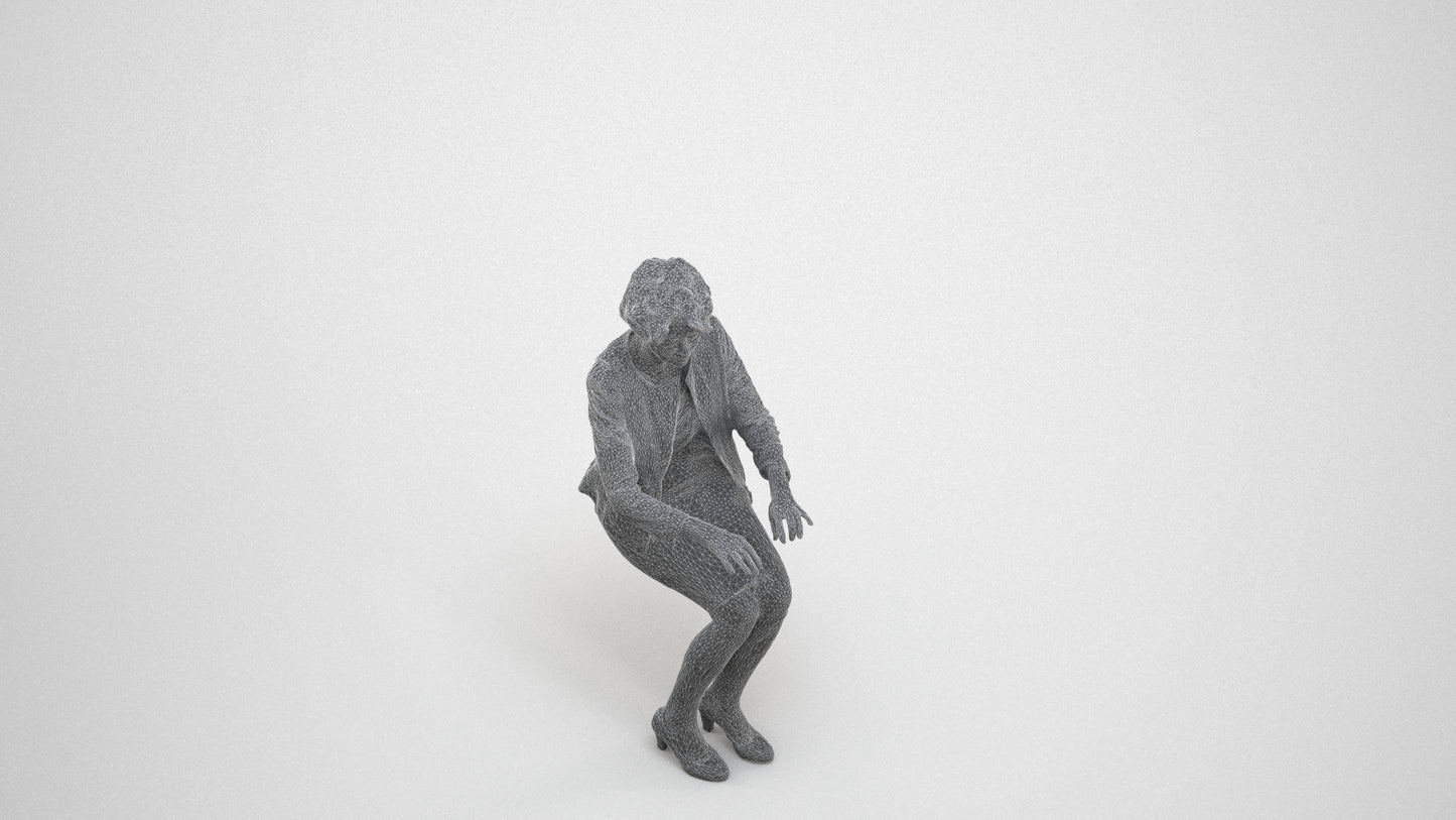 photogrammetry 3D woman business sitting, realistic human model archviz FBX, wireframe three-quarter view