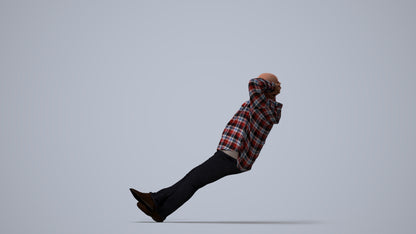 3D human model senior man casual sitting, photogrammetry scanned person for archviz, three-quarter view render